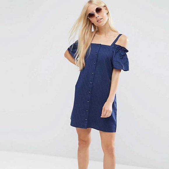 NWOT Asos Cold Shoulder Button Through Sundress in Pinstripe - Picture 2 of 5